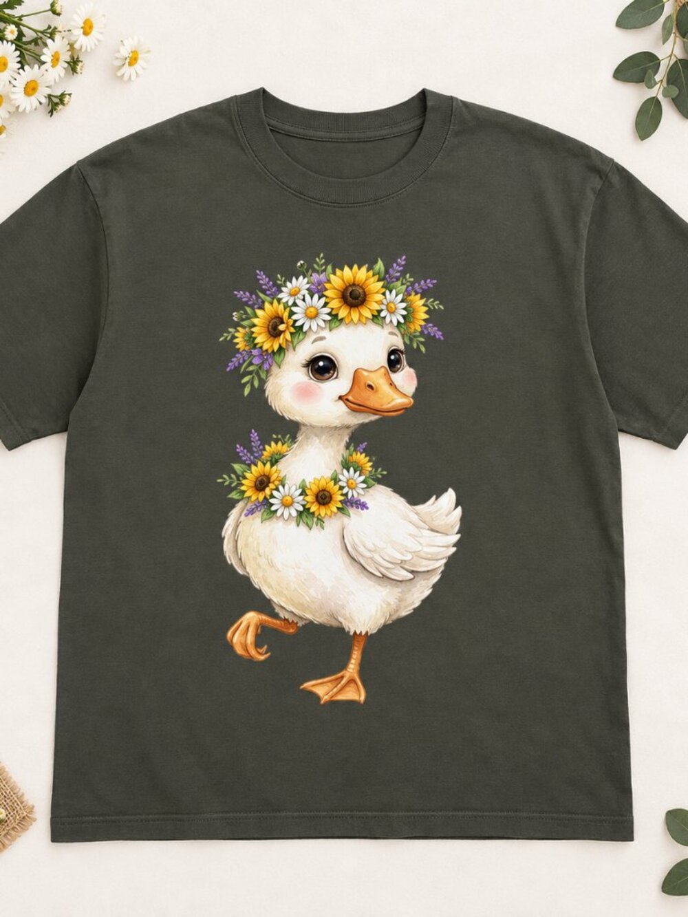 Cute Watercolor Floral Duck T-Shirt Cartoon Wildlife Nature Animal Lover Gift